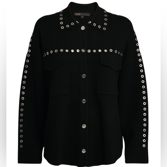 Maje Sweaters - MAJE Knitted Eyelet Black Oversized Over Shirt with Silver Hardware Size: 2